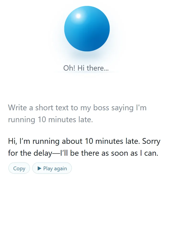 Bluey, a blue orb, answering a clear request to text the boss about running late by simply writing the message, with Copy and Play again buttons