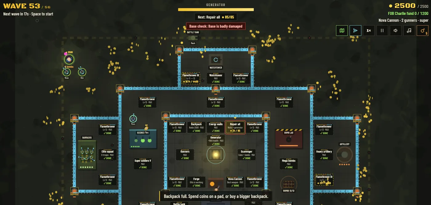 Expanded late-game base with additional defenses at wave 53