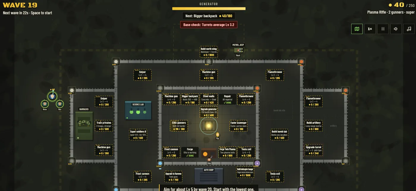 Last Light Outpost base defense game at wave 19 with turrets and upgrade options