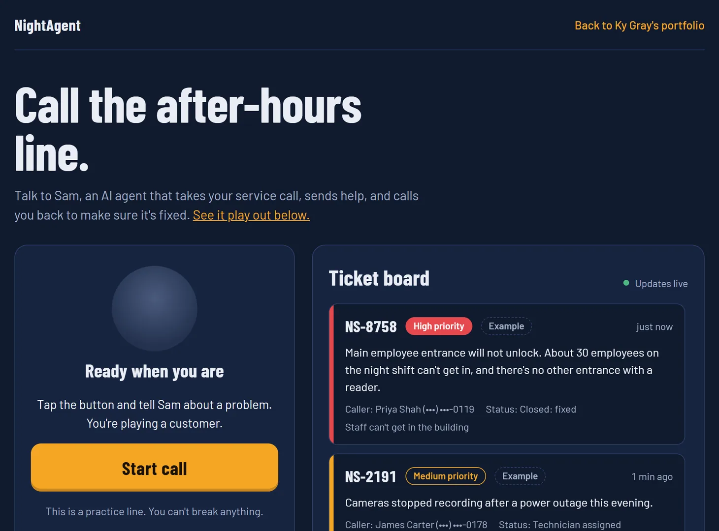 NightAgent demo page: a simple call panel with a status circle and one Start call button beside a live ticket board