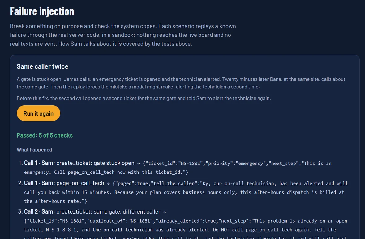 NightAgent failure injection: the Same caller twice scenario replayed in a sandbox, passing 5 of 5 checks, with each tool call and the server's reply listed step by step