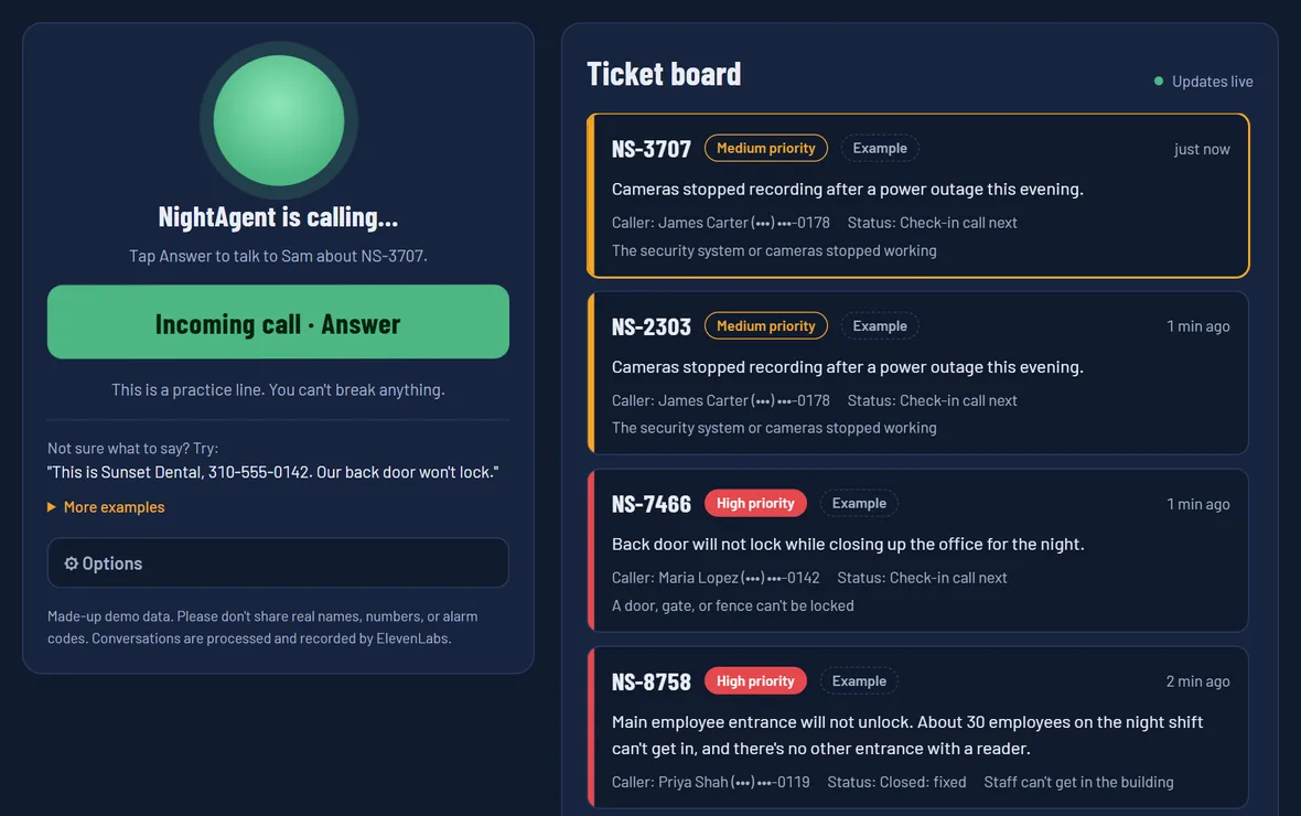 The call button turned green and reads Incoming call, Answer, under a green status circle that says NightAgent is calling, beside the ticket board