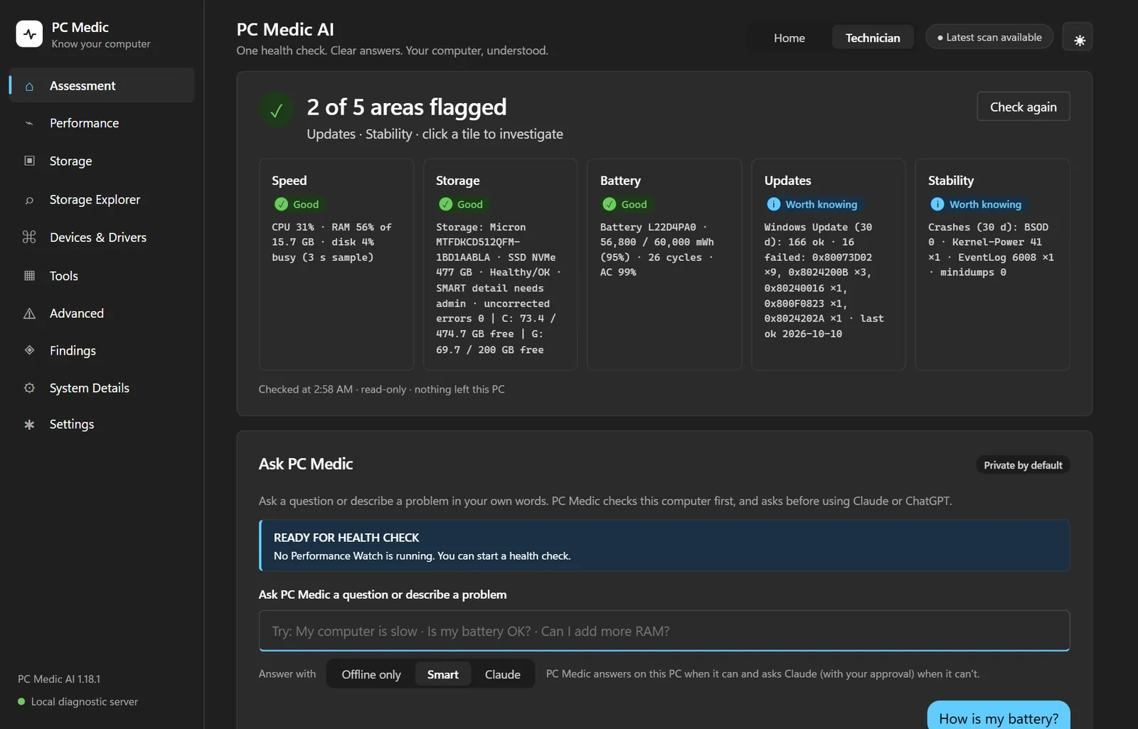 PC Medic in Technician mode, dark theme: the same tiles as raw values, Windows Update error codes and event IDs