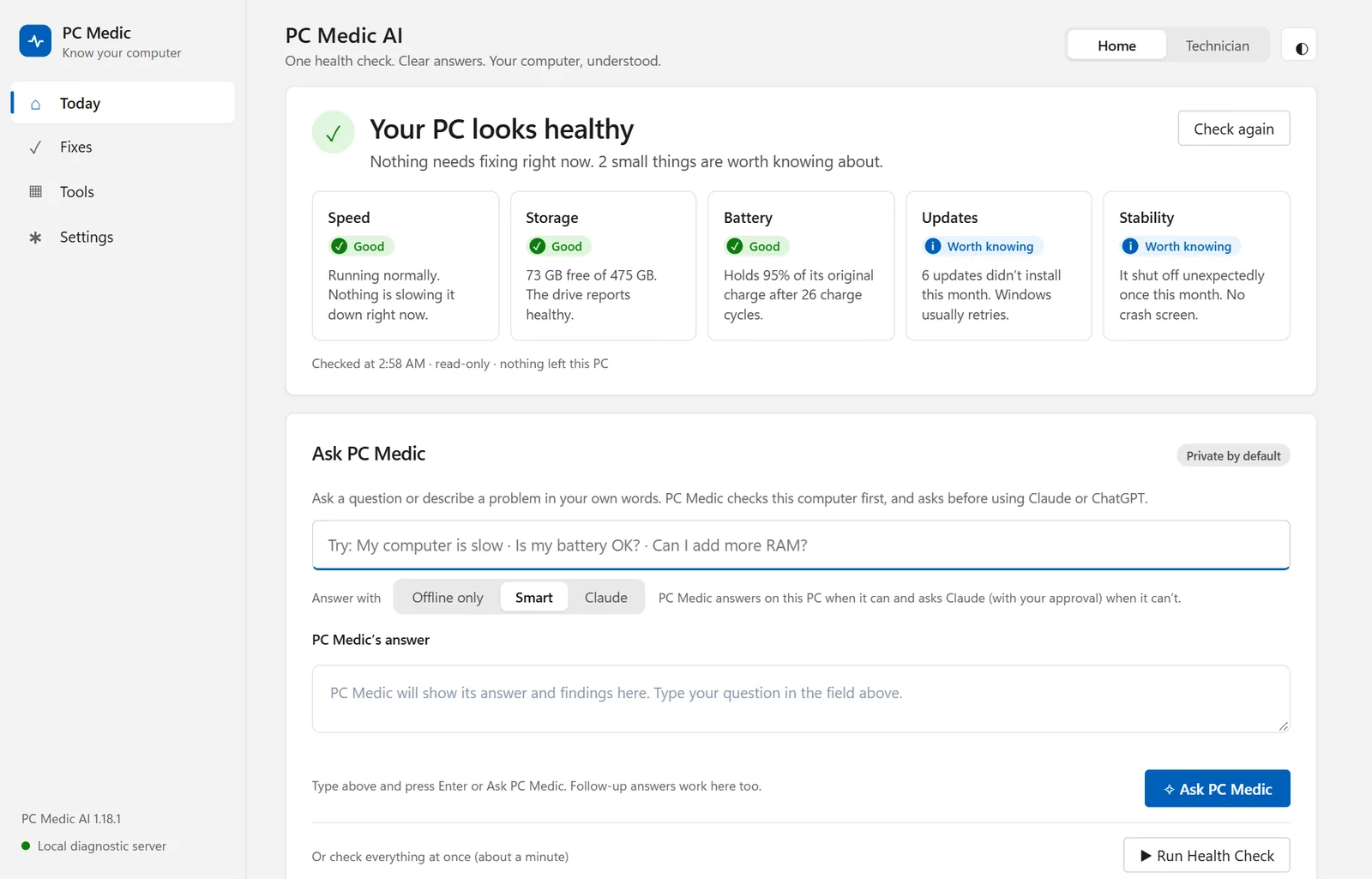 PC Medic Today screen: Your PC looks healthy, with Speed, Storage, Battery, Updates and Stability tiles in plain English