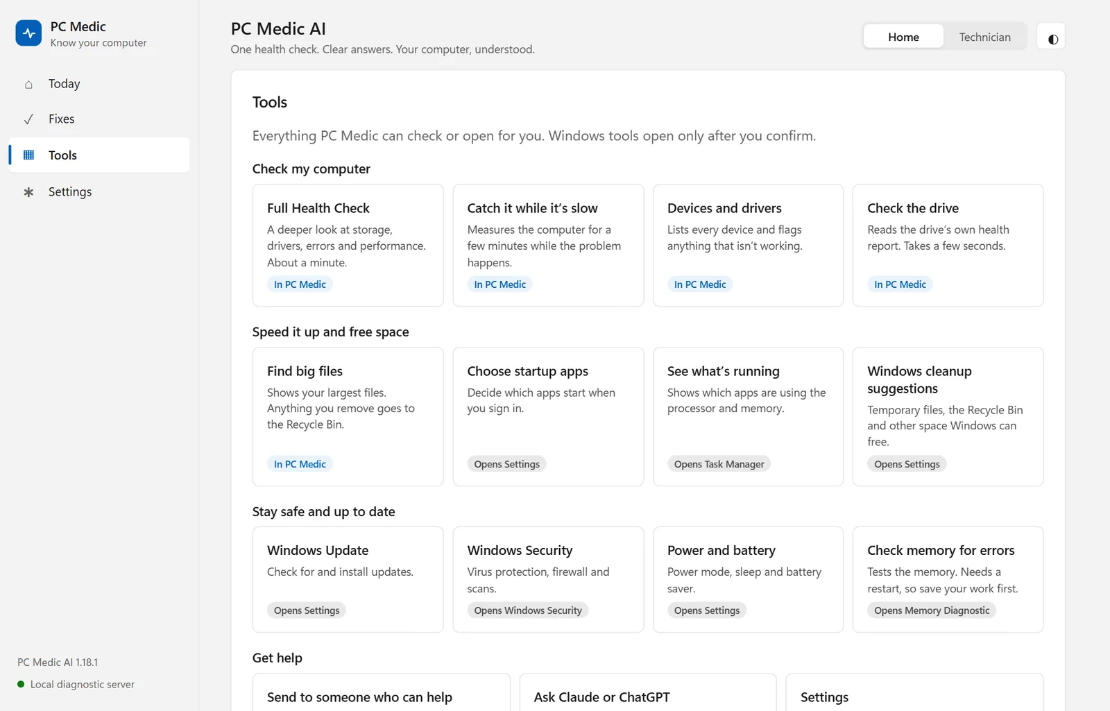 PC Medic Tools in Home mode: plain-language cards grouped as Check my computer, Speed it up and free space, Stay safe and up to date, and Get help