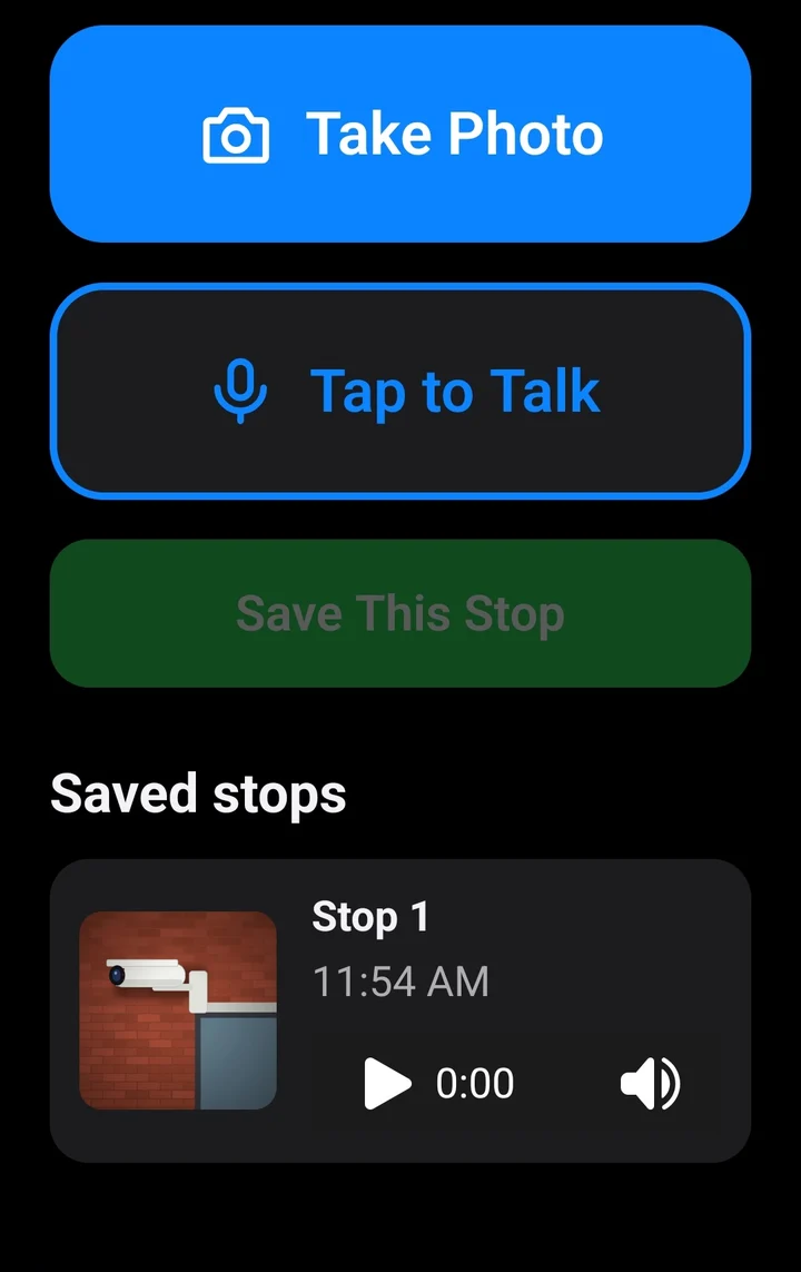 PicTalk capture screen with Take Photo, Tap to Talk, and Save This Stop buttons