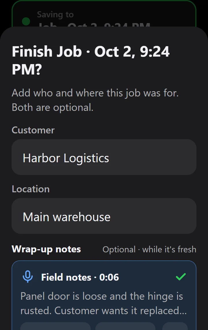 Finish Job sheet with the customer and location filled in and a field note attached