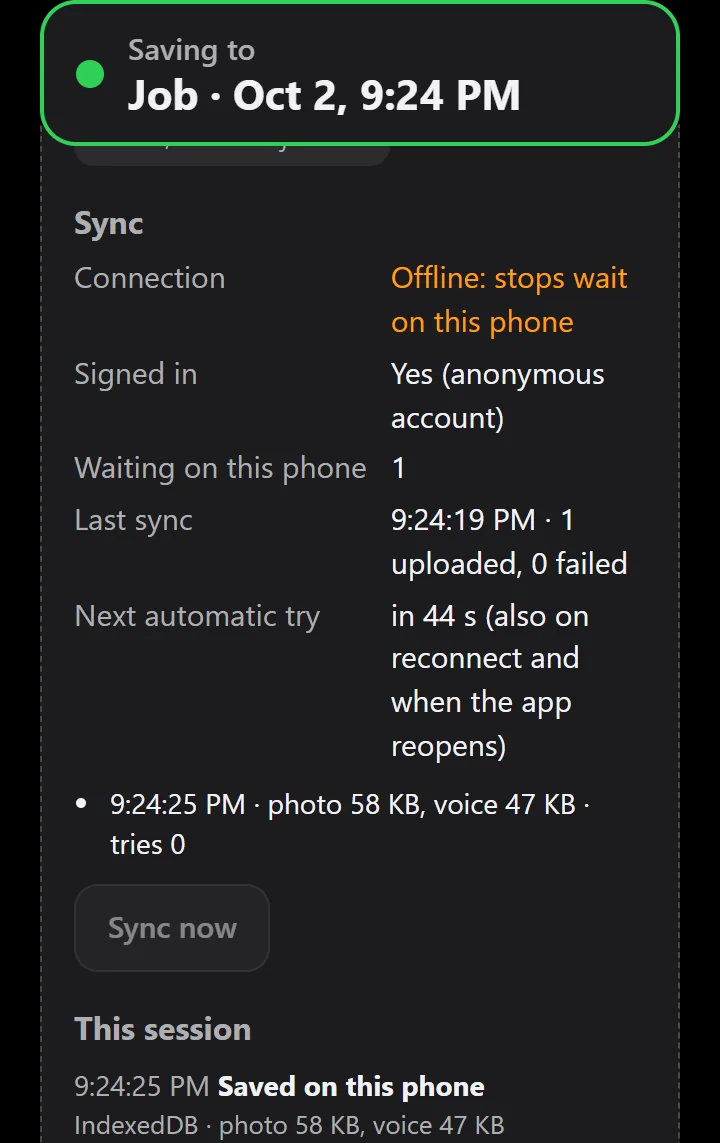 Engineering Mode while offline: one stop waiting on the phone with its upload tries, the next automatic retry, and a Sync now button