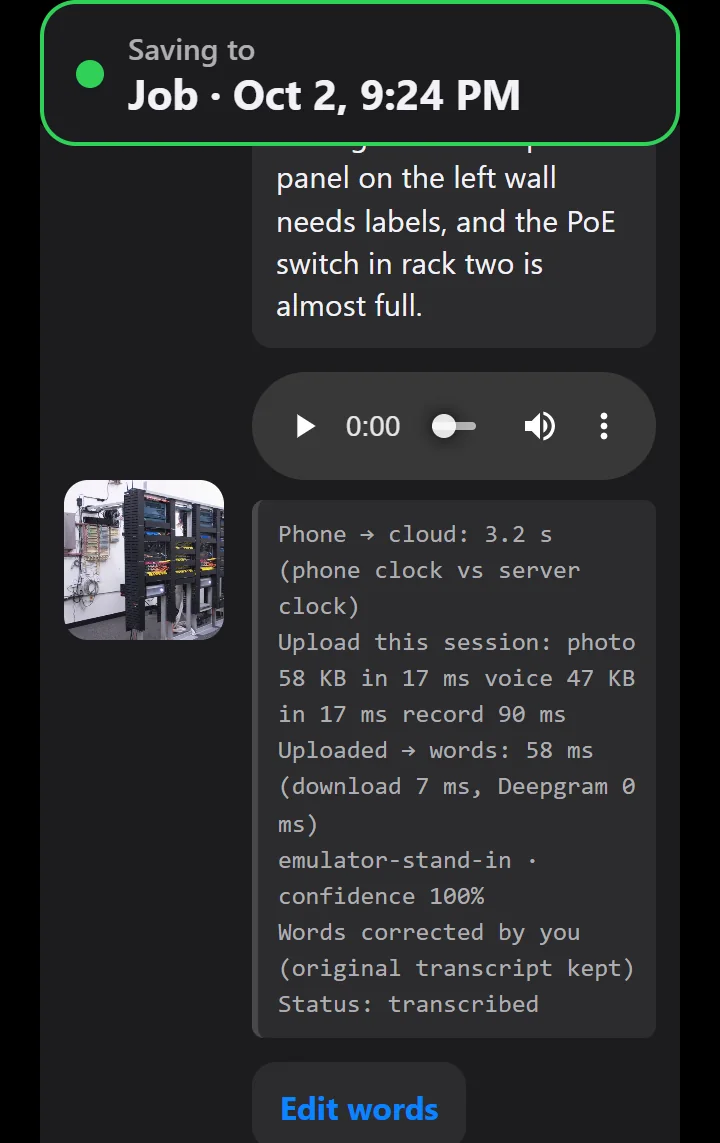 A saved stop with its Engineering Mode line: time to reach the cloud, upload time per file, transcription time split into download and speech-to-text, and confidence
