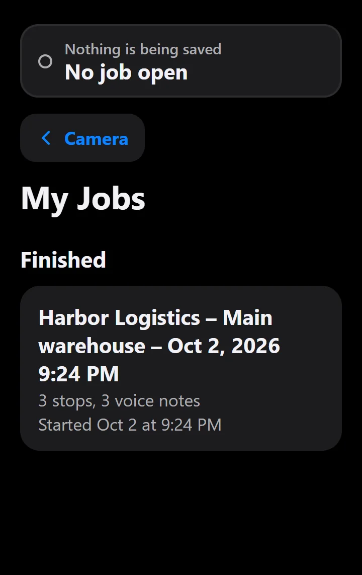 My Jobs list showing a finished job named Harbor Logistics, Main warehouse, with 3 stops and 3 voice notes