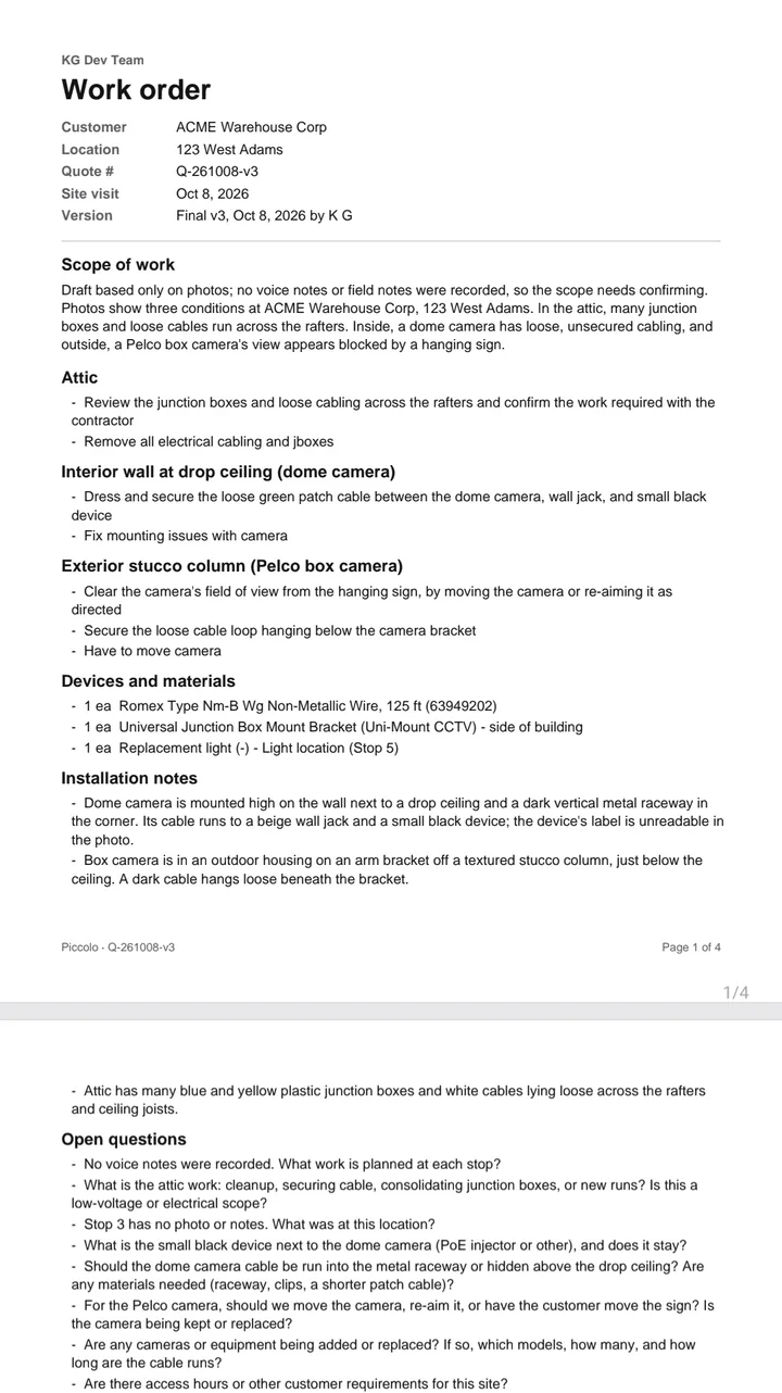 Piccolo work order PDF for a made-up customer: scope of work drafted from photos, tasks by location, devices and materials, and installation notes