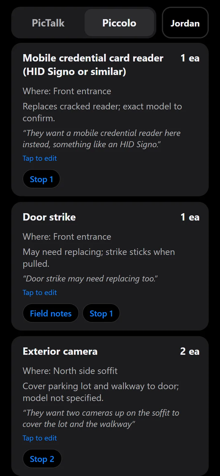 Piccolo parts list: a card reader, door strike, and two exterior cameras, each with where it goes, a note, the tech's own words quoted, and the stop it came from