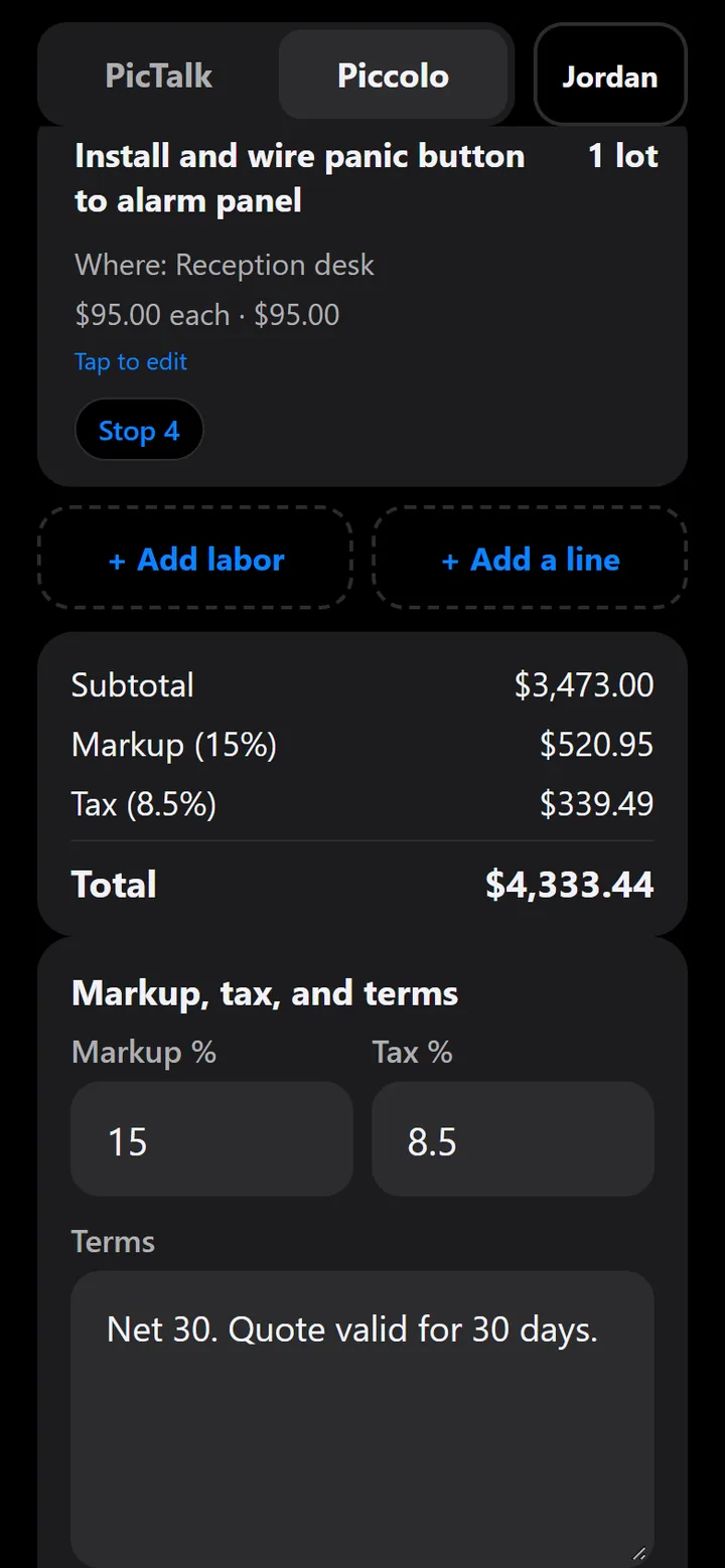 Piccolo quote totals: subtotal, 15% markup, 8.5% tax, and total, with the company's default terms