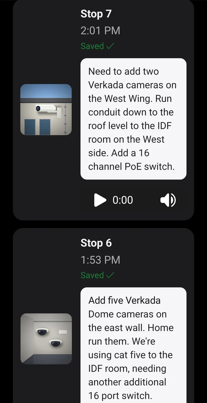 PicTalk saved stops showing camera photos with transcribed voice notes