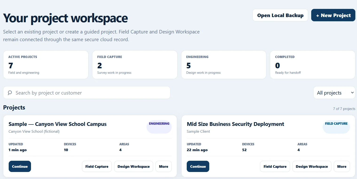 SightFlow workspace showing security survey and engineering projects